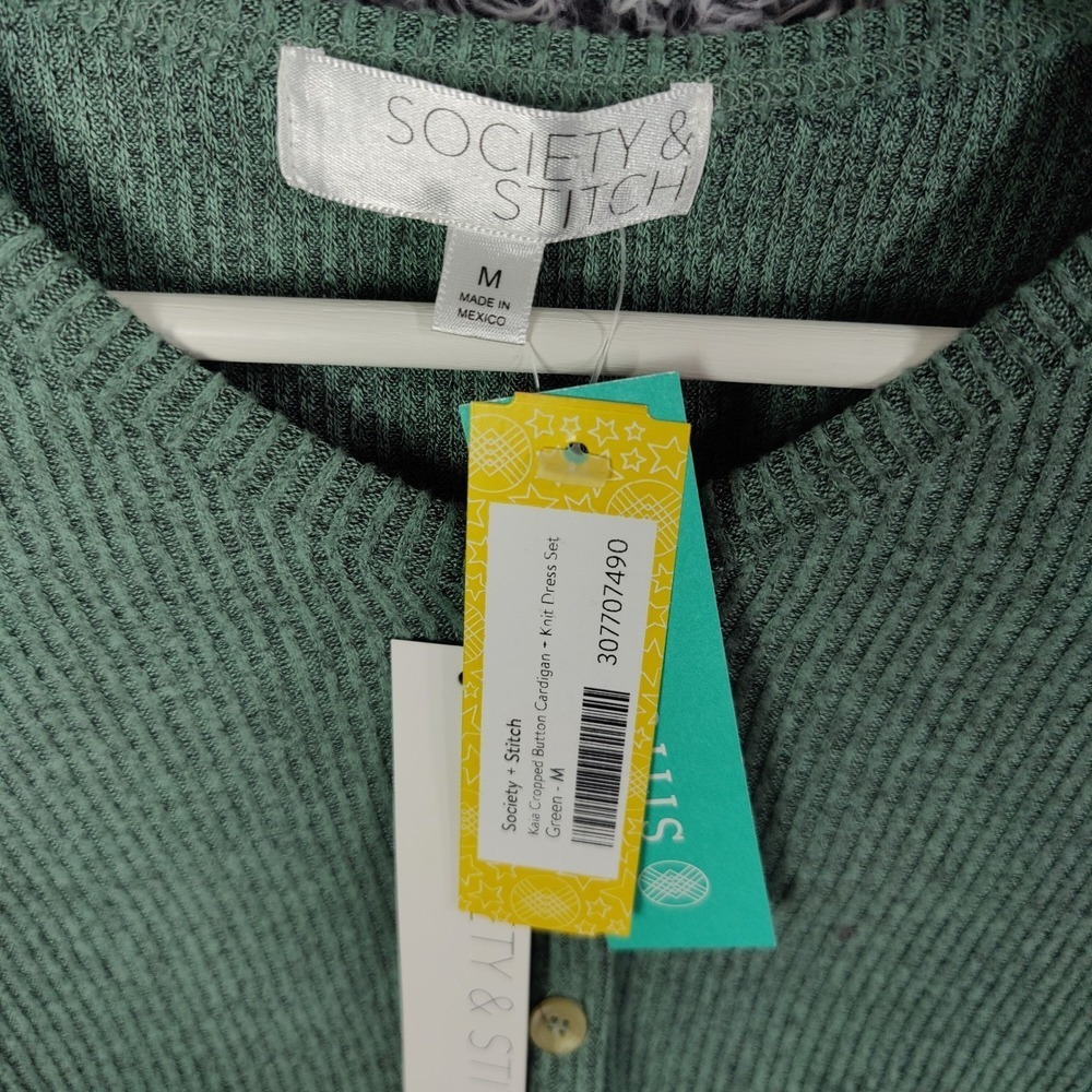 Society + Stitch Women Cottagecore Cardigan M Green Kaia Cropped Ribbed Knit NEW - Picture 5 of 8